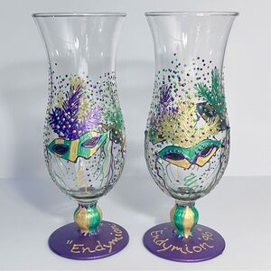 1996 MARDI GRAS Hurricane Glasses / ENDYMION KREWE / Hand Decorated / VERY RARE!